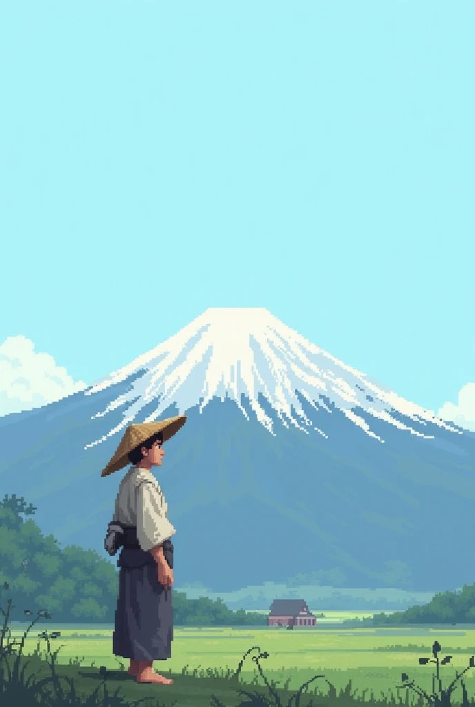 Japanese peasant looking at the horizon of mountains all in 64 x 64 pixels