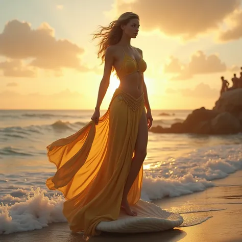 A stunning depiction of Aphrodite, the Greek goddess of love and beauty, standing gracefully on a seashell by the shore, ancient Greek era, wearing flowing golden robes that flutter in the wind, the scene set on a serene beach at sunset with soft waves cra...