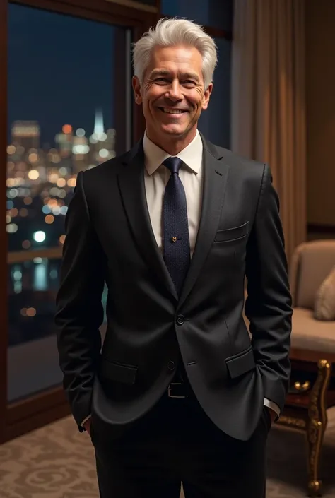 Young Man、business suit,White Hair, Smiling background、Luxury hotel with a night view