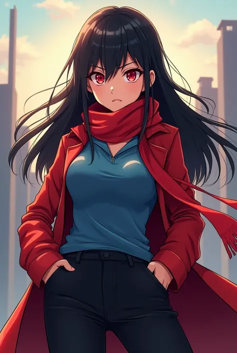 Create a 2d anime style animated girl with a semi-big ass that has a red scarf with a normal blue polo shirt and black pants with a red coat with red eyes and a serious look and with black hair.