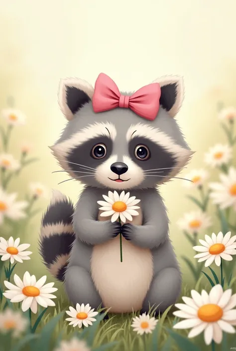 Gray raccoon drawing, wearing a pink bow on her head, in a daisy garden, holding a daisy