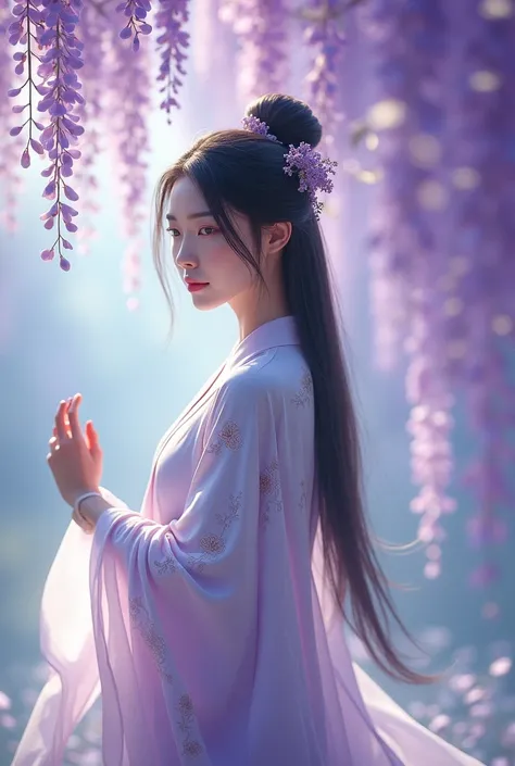 Une femme en hanfu traditionnel inspiré de la glycine