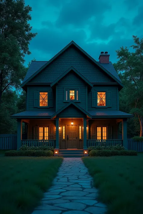 wooden house, Big, dark green color,two floors,with two separate bedrooms,with front garden,with a sky blue wooden fence,at midnight 