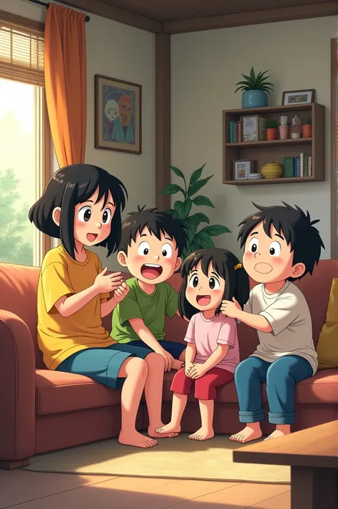 "Create an image of the Nohara family (Shin-chan miesai heroshi and  Himawari) sitting in their cozy living room