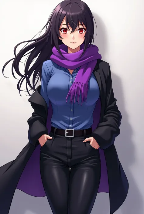 Create a 2d anime style animated girl with a semi-big ass that has a purple scarf with a normal blue blouse and black pants with a black coat with red eyes and a serious look and with black hair.