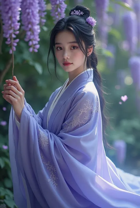 Une femme au pouvoir mystique en hanfu traditionnel inspiré de la glycine