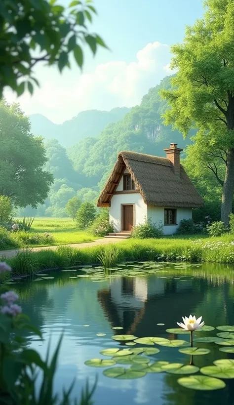 a serene rural landscape featuring a small cottage nestled amidst lush greenery. The cottage has a thatched roof and white walls, giving it a charming and rustic appearance. A small pond lies in front of the cottage, adorned with lily pads and reflecting t...