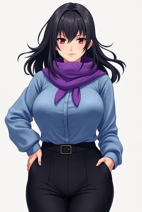 Create a 2d anime style animated girl with a semi-big ass that has a purple scarf with a normal blue blouse and black pants with red eyes and a very serious look and with black hair.