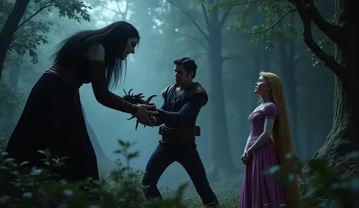 Characters: Mother Gothel, Flynn Rider
Shot: wide angle, 
In a dark forest, Mother Gothel stabs Flynn in the side while he stand with a dagger as he tries to protect Rapunzel. Flynn grimaces in pain, clutching his wound as he collapses to the ground. Gothe...