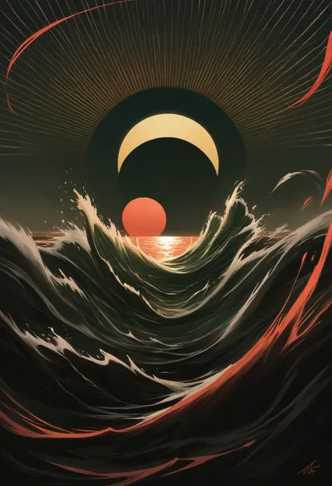 painting of a sunset over a wave with a red sun, chaotic sea setting, 3d grainy aesthetic illustration, otherworldly visuals, beeple and mike winkelmann, beeple and greg rutkowski, inspired by Mike Winkelmann, dark but detailed digital art, beeple and tim ...