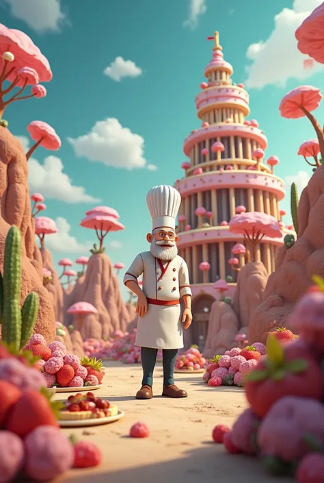 An animation of an island that wouldn&#39;t exist in real life with a gastronomy theme, cook, with elements like sweets, foods