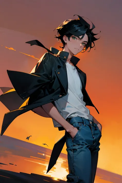 1male, black hair, suave hair, green eyes, expressionless, white t-shirt, black jacket, baggy denim pants, sunset landscape