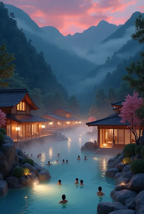 a japanese onsen in the same style of those of the ghibli movie spirited away.
do it during the night with the colors of cremisis and yellow

