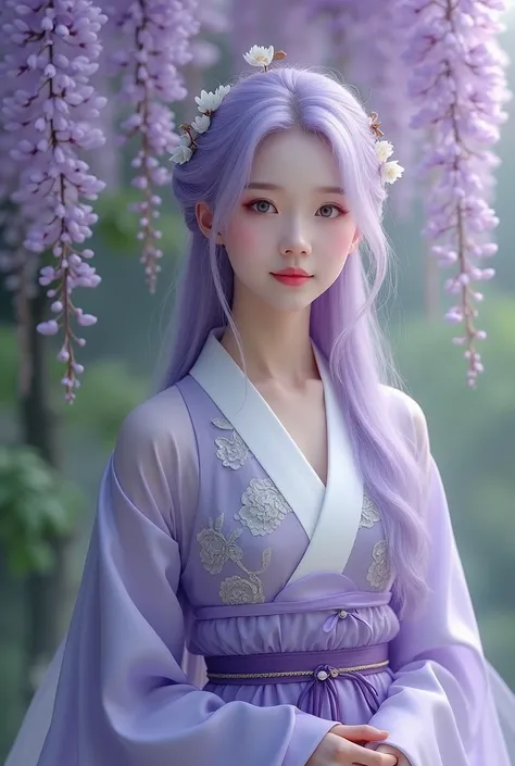 Une jeune femme aux cheveux ciolet très clair portant un hanfu traditionnel inspirée des glycines