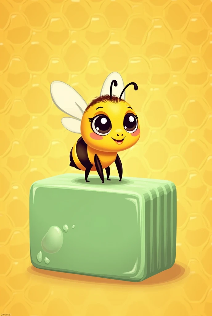 I need a bee on top of a cartoon style soap, change the color of the soap to a light green, put some honeycomb 