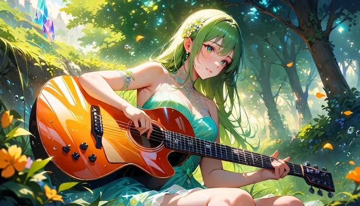 (best quality,4k,8k,highres,masterpiece:1.2),ultra-detailed,realistic,crystal-clear guitar carving,translucent morning of spring,sunlight reflection on guitar,body details,delicate strings,vibrant color palette,sculpting tools,hourglass figure,sound holes,...