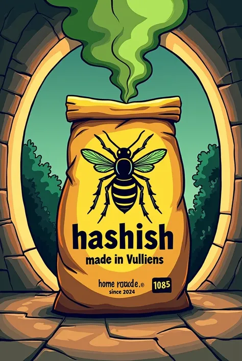 Big circle and inside logo with a Big wasp on a bag of hashish, bag whit wrote « HASHISH made in vulliens », home made, since 2024, cartoon mode, « 1085 » wrote in the bag, green smoke on the top of the bag