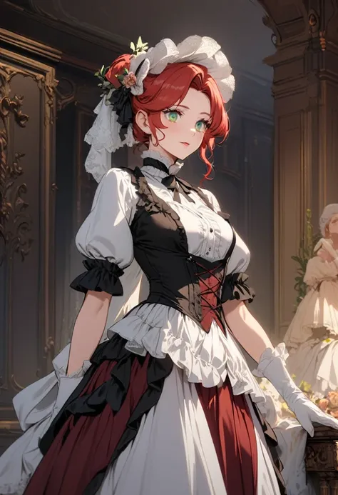 A Victorian style woman, red-haired, green eyes, good feminine attributes, but, elegant. She&#39;s a princess, loose hair, heavy makeup, villainous appearance