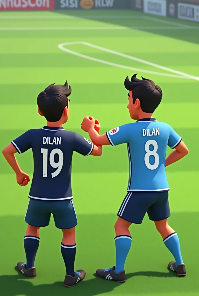 Soccer player with back view wearing a dark blue jersey with number 19 and with the name Dilan fist bumping with another player with back view wearing a blue jersey with number 8 and with the name Dilan , 2D animation
