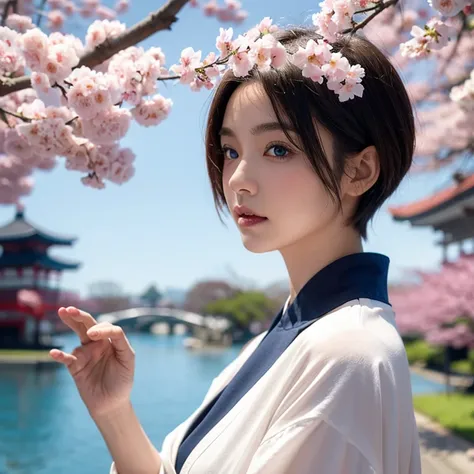 1girl, Short Hair, Blue, Eyes, Sakura, Japan