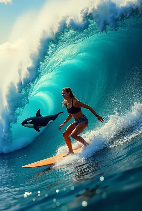 magnificent art cinematic portrait, (woman surfing a very large wave, inside the wave an orca whale swims past behind the surfing woman), sharp focus, high contrast, realistic, dramatic luminosity, soft glitched background, high quality, blue tones, Green,...