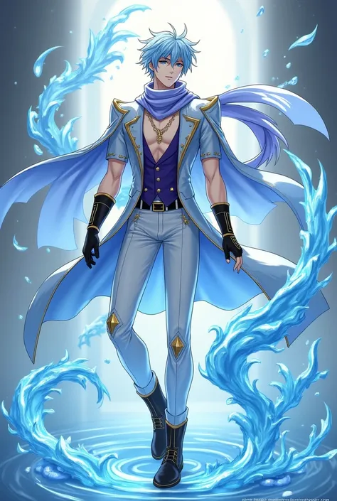 man
similar to kamisato ayato genshin impact
scarf and gloves like byakuya kuchiki bleach
he manipulates the water
wears a light blue suit with short-sleeved gold and purple details
black ankle boots with gold details like alucard of symphony of the night ...