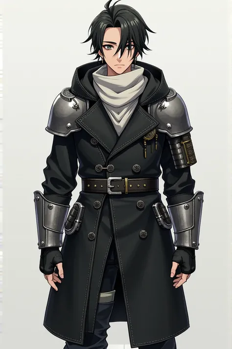 A full body shot of
A young looking man wih a tired look in his eyes, clean shaven, with black hair with a grey streak in it above his left eye, he has a dagger earring along with some ear cuffs on both ears along side his now pulled back and somewhat clea...