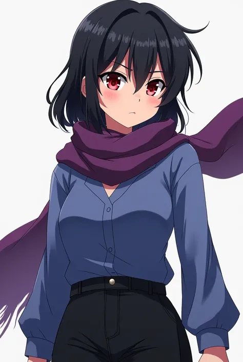 Create a 2d anime style animated girl with a semi-big ass who has a purple scarf with a normal blue blouse and black pants with red eyes and a very serious look and with black hair who is 