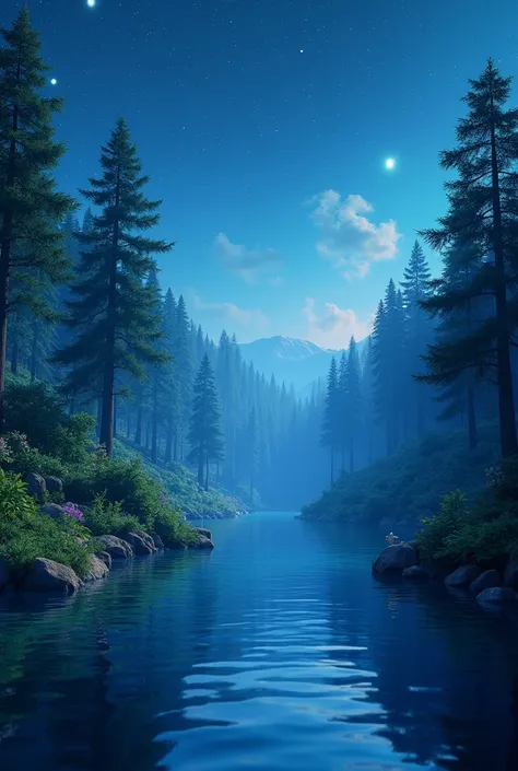 pixar cartoon style: a huge forest under a starry sky, a beautiful lake. 