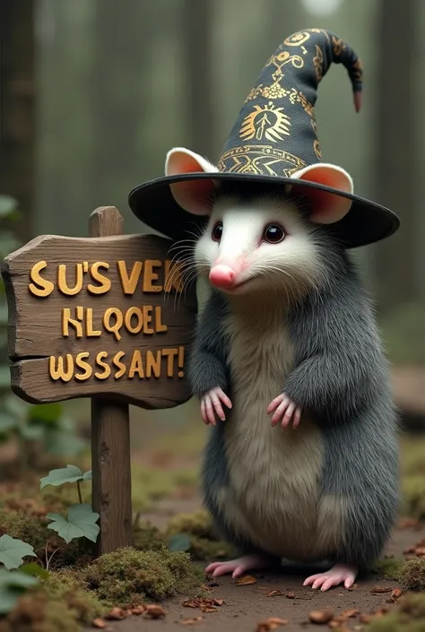 A photorealistic picture of a possum wearing a wizards hat standing next to a board that says REMEMBER! only you can go fuck yourself 