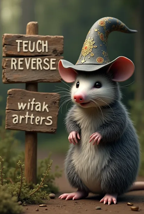 A photorealistic picture of a possum wearing a wizards hat standing next to a board that says REMEMBER! only you can go fuck yourself 