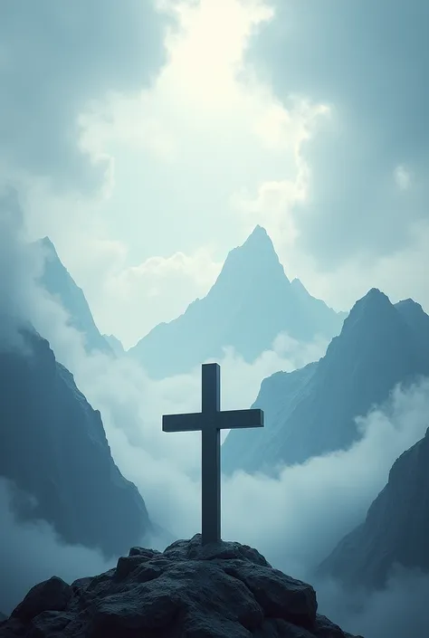 Mountain with a landscape behind, with an empty cross in the center and clouds as if pointing to the cross so that it looks like the sky is opening up