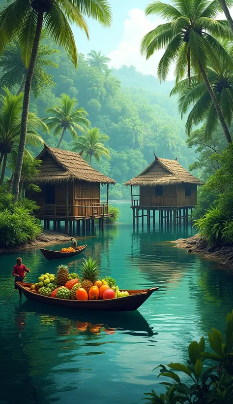 a tropical village nestled along a riverbank. Lush palm trees and dense jungle foliage create a vibrant backdrop for the scene. Two wooden huts with thatched roofs stand on stilts, overlooking the river. loading a small boat with produce, while another boa...