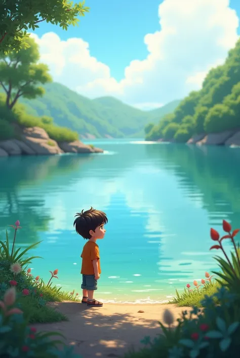 A boy looking at a clean and happy lake

