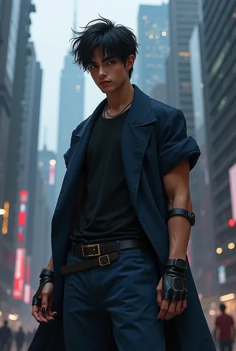 Male age 20, latin, brown eyes, dark blue casual soft clothes, black shirt, athletic, magic powers, action, cyberpunk, cunning look,  black nails, student pose, black hair visual kei, kingdom background