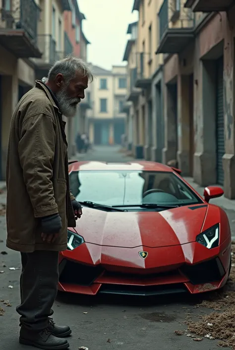 A dirty beggar looking at a poisonous Lamborghini 