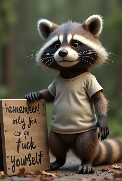 A photorealistic picture of a racoon 
wearing a t-shirt next to a board that says REMEMBER! only you can go fuck yourself 