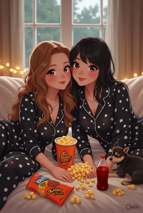 A pretty girl from Cali with her black polka dot pajamas, long curly hair and abundant light brown eyes eating potatoes from a cup, cheetos, doritos, bacon in a room with another cup of popcorn, Soda, next to his friend with BLACK AND STRAIGHT hair, brown ...