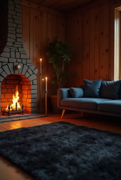 living room,with wooden wall,wooden floor, black carpet,dark blue sofa, candle holder,and fireplace with bonfire 