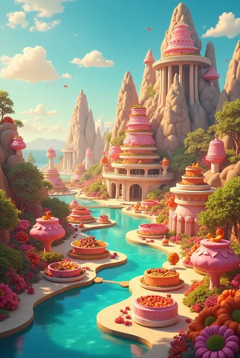 An animation of an island that wouldn&#39;t exist in real life seen from afar with the theme of gastronomy, would have dishes and no people