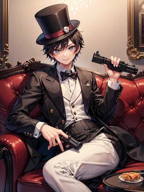 A cute teenager boy doing a provocative pose, wearing an mafia outfit, top hat, holding a gun in one hand, smiling, sitting on the couch