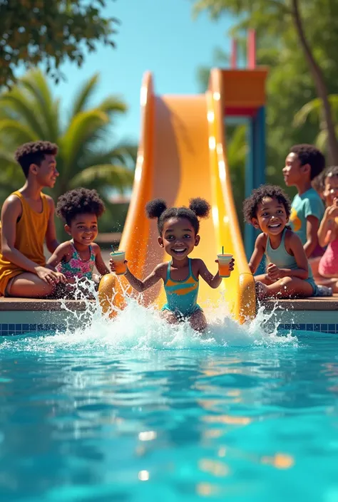 black Pretty girls and boys enjoying waterslide that ends in a swimming pool while colleagues sio drinks in tumbler around the pool as they cheer
