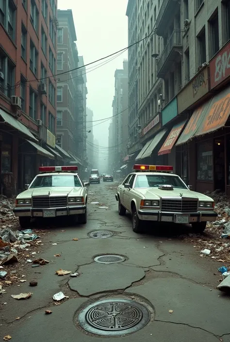 Make your way through the ruined city of New York with ruined 90&#39;s police vehicles, manhole covers on the street, garbage, corpses and destroyed shops photo realistic. 