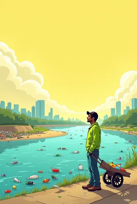 character: Draw a man standing on the ground by the lake with a cart, looking towards a river. It can have a simple style, with clear lines and basic shapes. Use bright colors for your clothes, like a bright green or blue.

creates a river with a lot of ga...