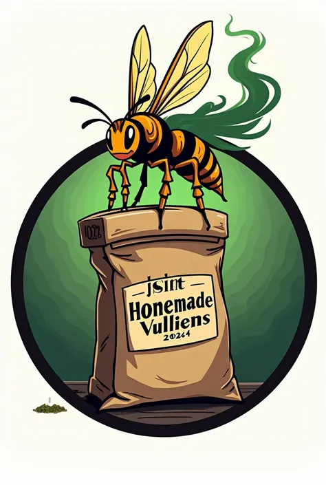 Big logo in roud shape with a Big wasp on the top of a bag of weed, bag with wrote « JOINT made in vulliens », home made, since 2024, cartoon mode, « 1085 » wrote in the bag, green smoke on the top of the bag