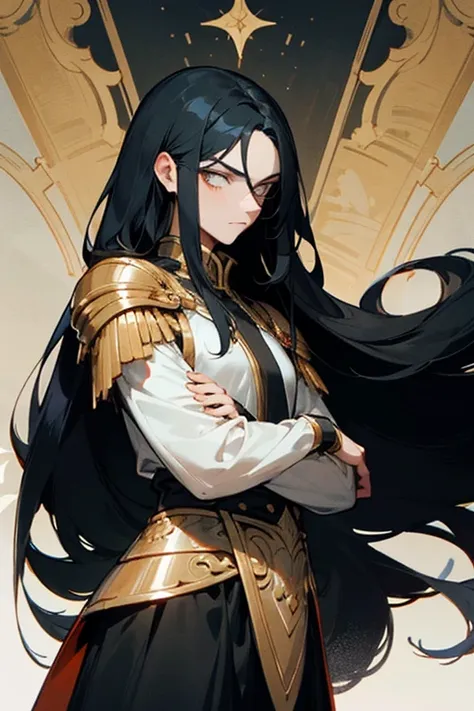 This character is a man with long black hair., ekspresi serius, Bright skin, and wears dark classic style clothing with gold accents., giving the impression of a warrior or noble.

