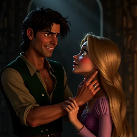 Characters: Rapunzel, Flynn Rider
Shot: Medium shot, focusing on emotion Flynn, with a weak but determined smile, reaches up to cut Rapunzel’s hair with a broken shard of mirror. Rapunzel pleads with him to stop