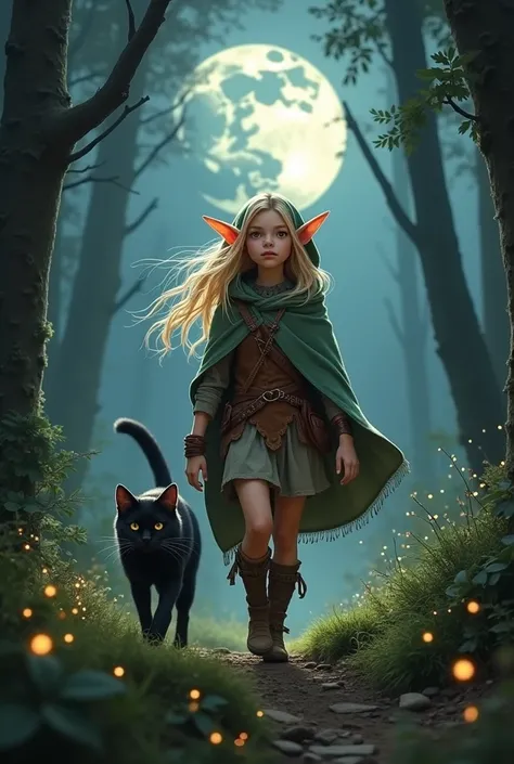 character for RPG, of the elf race with large pointy ears, druid class, cute woman with long blonde hair, brown eyes, wearing medieval adventure clothes, walking in a forest at night, accompanied by a grumpy black domestic cat.