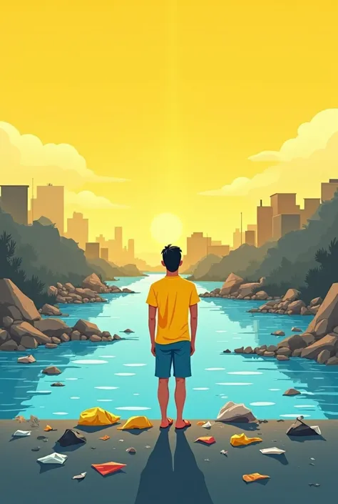 character: Draw a man standing on the ground by the lake with a cart, looking towards a river. It can have a simple style, with clear lines and basic shapes. Use bright colors for your clothes, like a bright green or blue. Without light or shadows it creat...