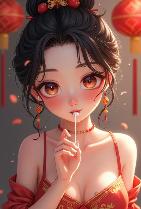 Chinese Girl,High exposure, Chinese clothing,Large Breasts, Food on face, gum,Squirt water from mouth, Long eyelashes, Teardrop, Character portrait, Beautiful Anime, 